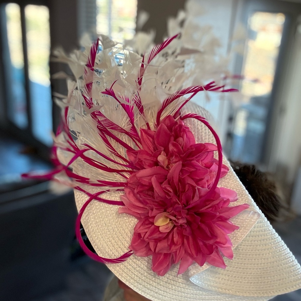 Dynamic White and Pink Feather Hat